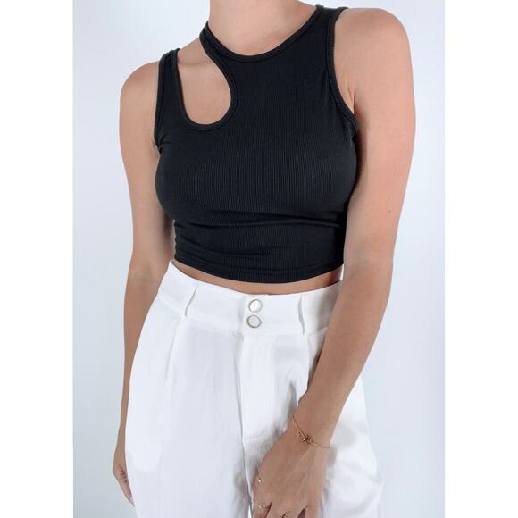 Women's Black Solid Cut Out Shoulder Ribbed Knit Tank Top Size Small - Picture 1 of 3